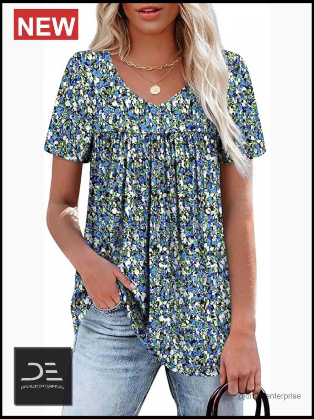 Womens V Neck Short Sleeve Floral Tunic Top Blouse